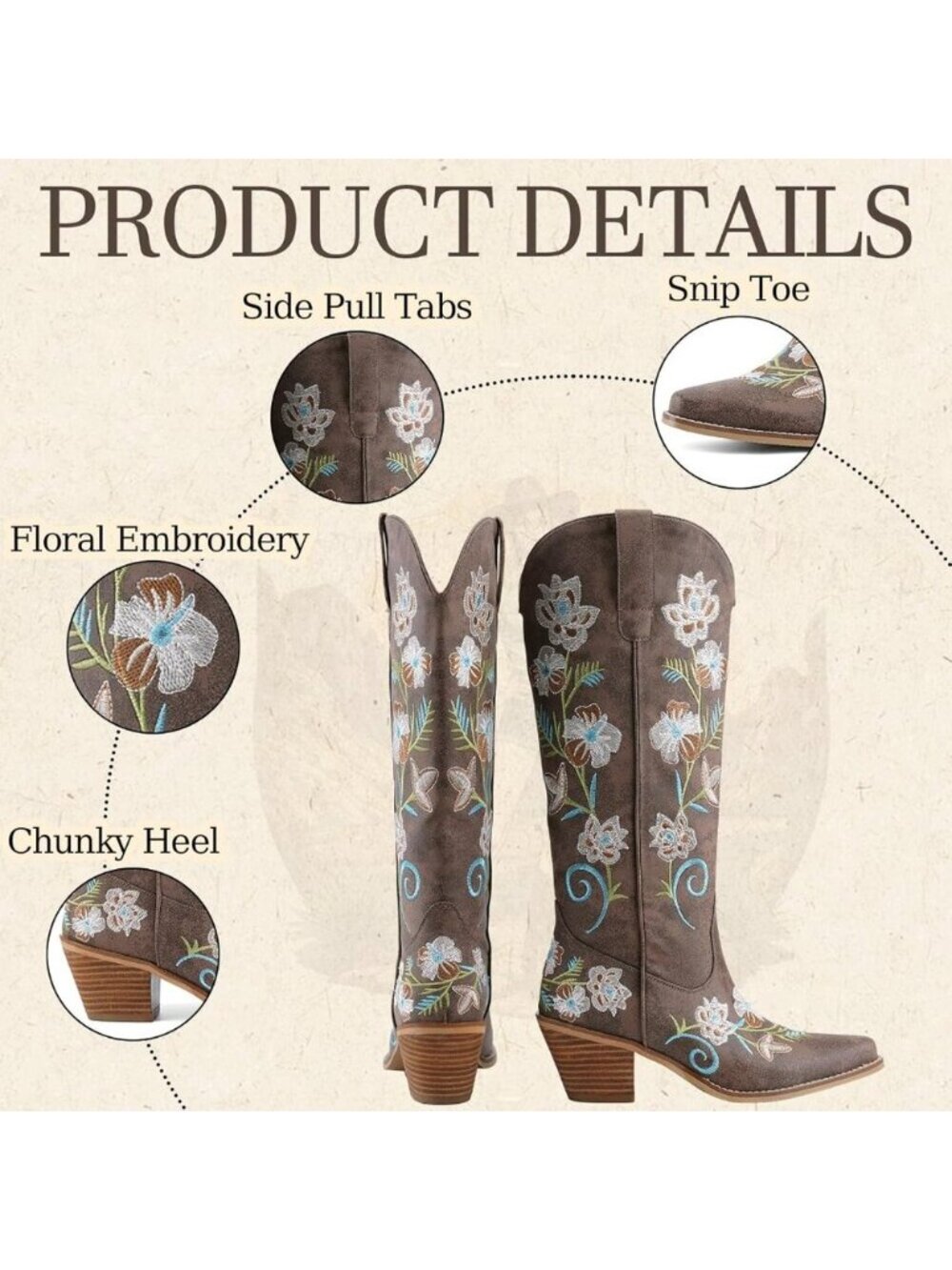 Women's Dark Brown Knee High Cowgirl Western Boots Pointed Toe Chunky Block Heel - Picture 5 of 6